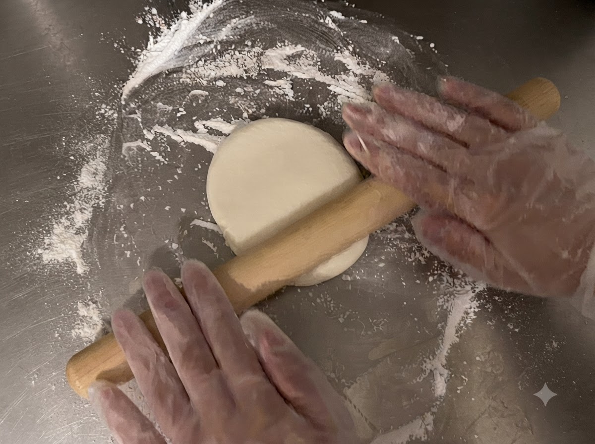 Ein Nudelholz aus Holz rollt ein rundes Teigstück auf einer bemehlten Oberfläche aus.