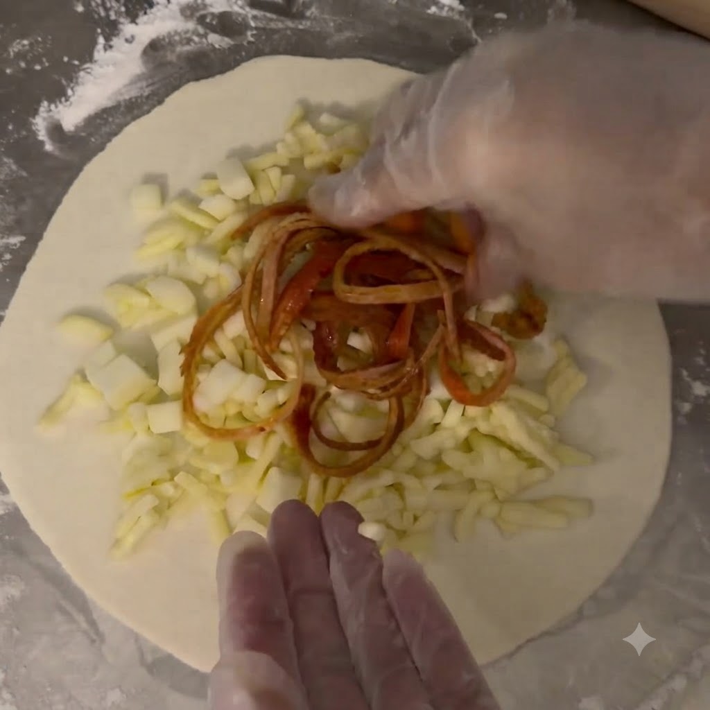 Gewürfelter Mozzarella-Käse, scharfe Nudeln und Surimistäbchen sind auf einer Kreisschicht aus rohem Teig angeordnet.