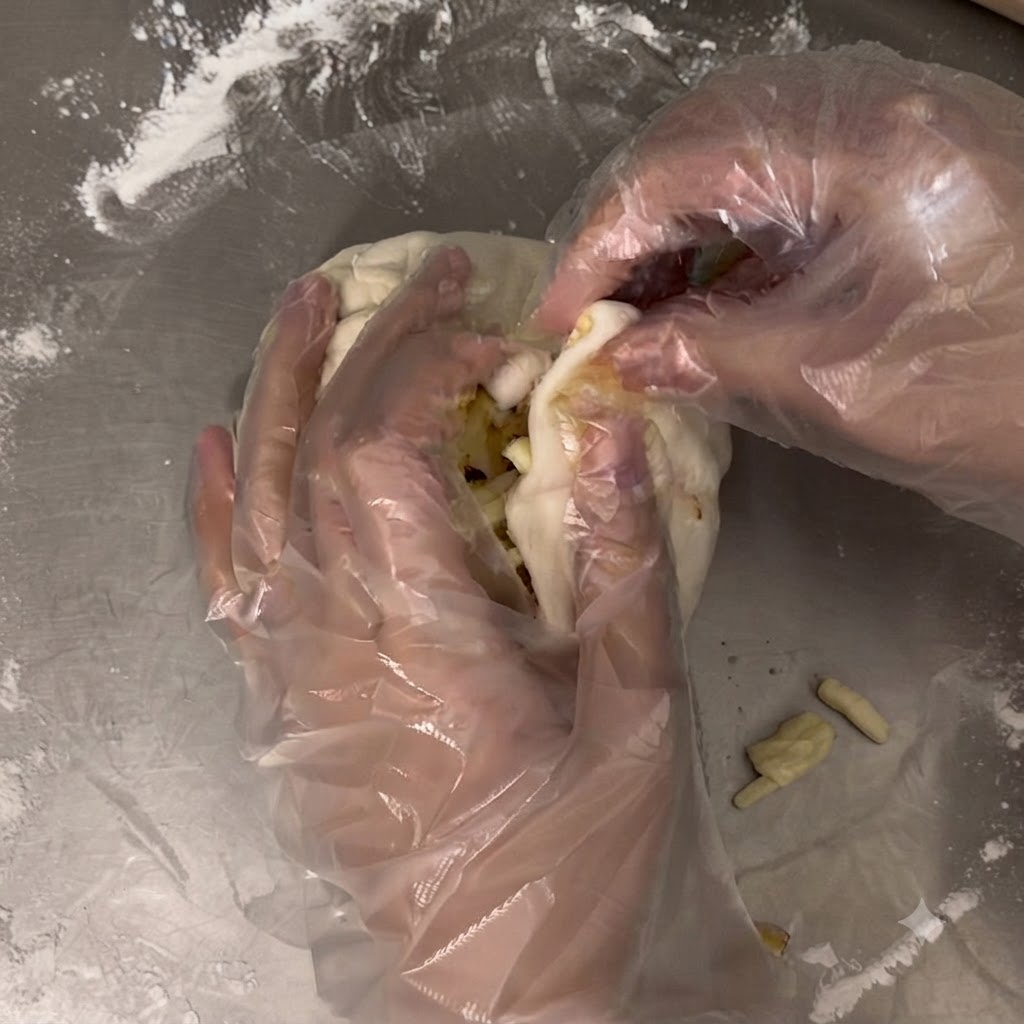Mit Handschuhen versehene Hände kneifen und raffen die Ränder einer Teighülle über einem massiven Berg aus Käse- und Nudelfüllung zusammen.