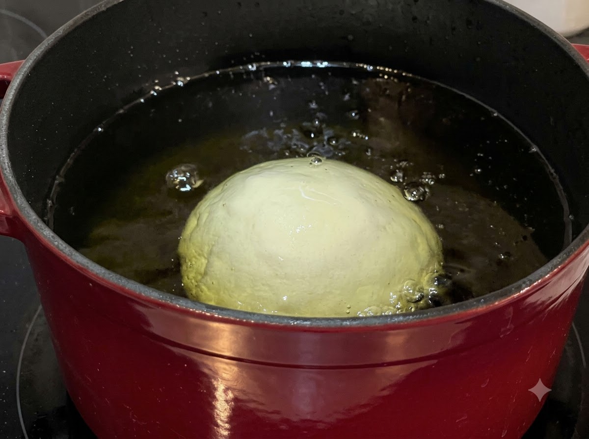 Ein großer, runder Teigball frittiert in einem roten Topf, gefüllt mit sprudelnd heißem Speiseöl.