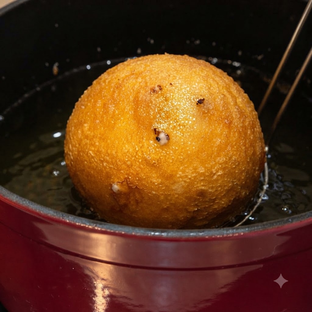 Ein goldbraun frittierter Ball wird mit einem Drahtseihlöffel aus dem heißen Öl gehoben.