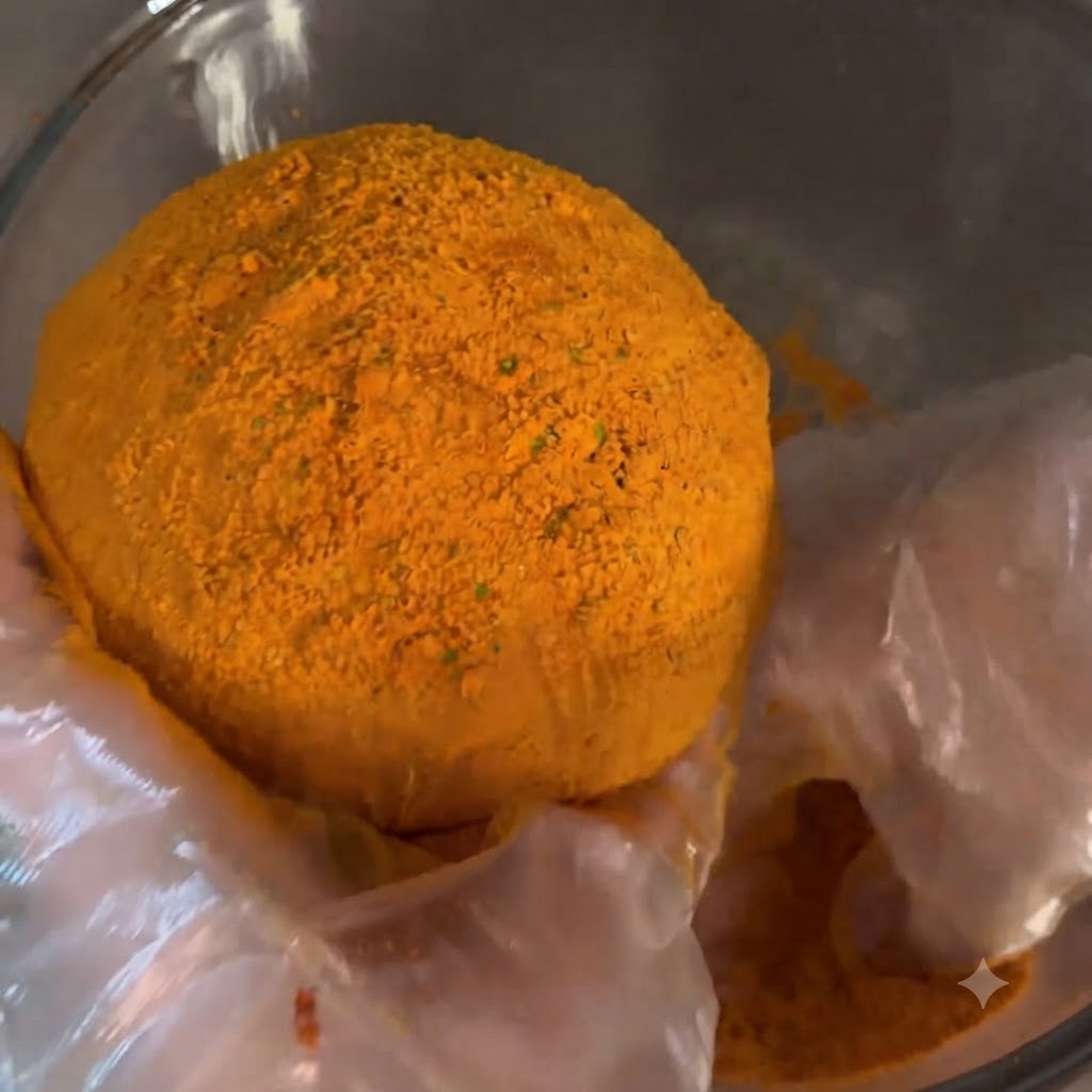 Ein goldbraun frittierter Ball, bedeckt mit leuchtend orangem, scharfem Käsepulver in einer Glasschüssel.