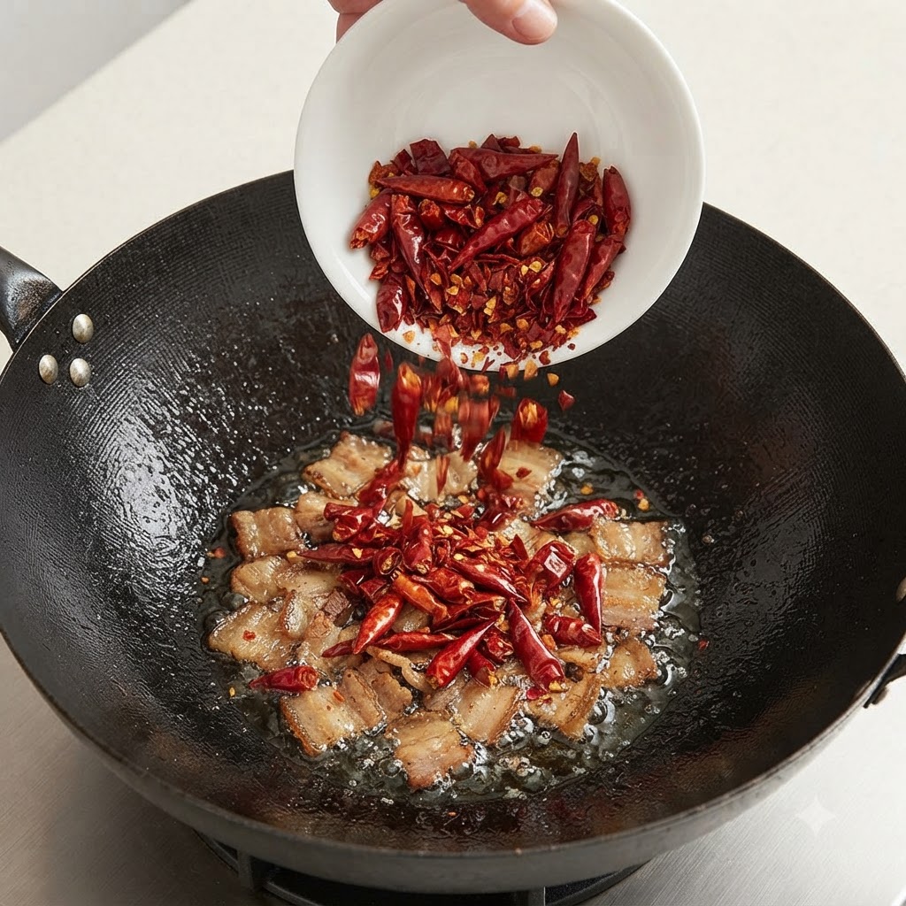 Eine weisse Schüssel schüttet gehackte getrocknete rote Chilischoten in einen Wok mit ausgelassenem Schweineschmalz.