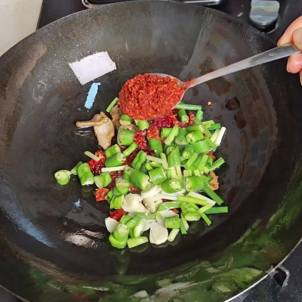 Ein Löffel leuchtend rotes Chilipulver wird in einen gewürzten Wok mit geschnittenen grünen Chilis und anderen Aromen gegeben.