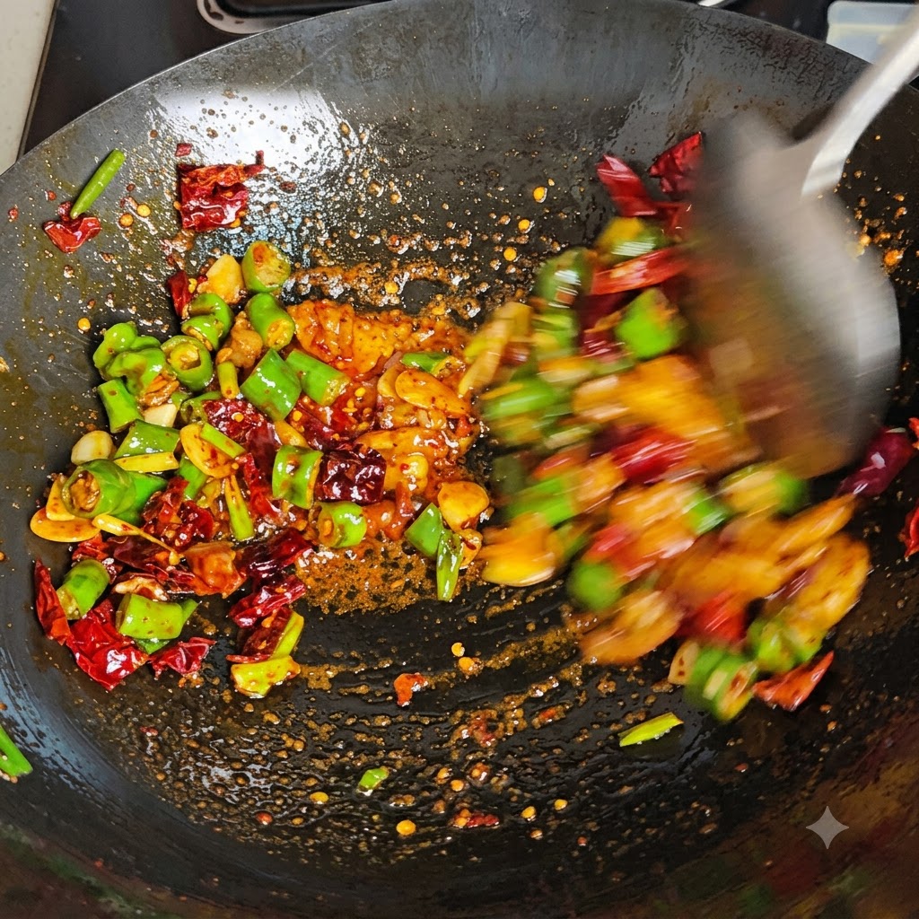 Ein sich schnell bewegender Metallspatel wirft grüne und rote Chilis, Knoblauch und Schweineschmalz in einem heissen Wok wild durcheinander.