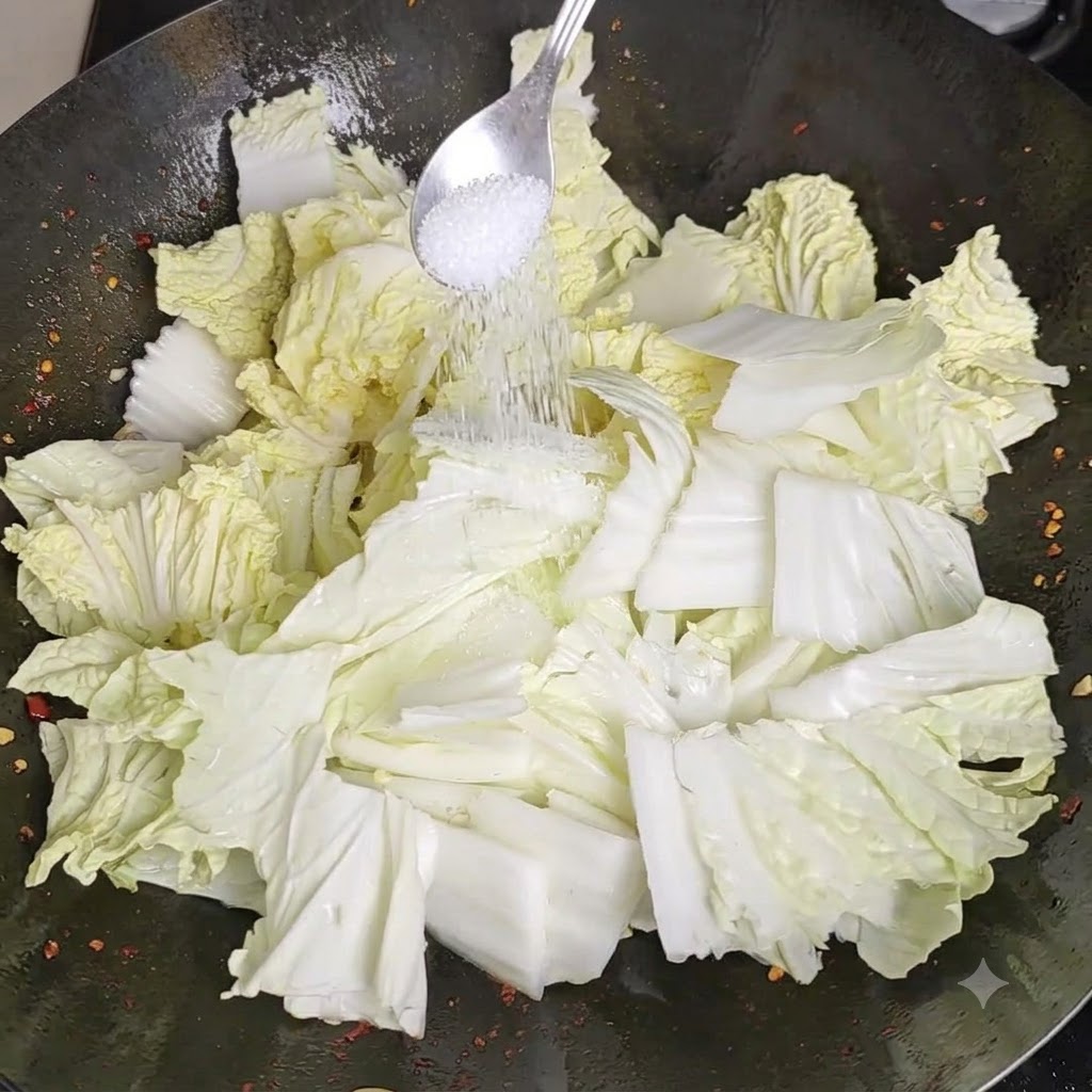 Hühnerbrühepulver wird aus einem Löffel auf die Zutaten im Wok gestreut.