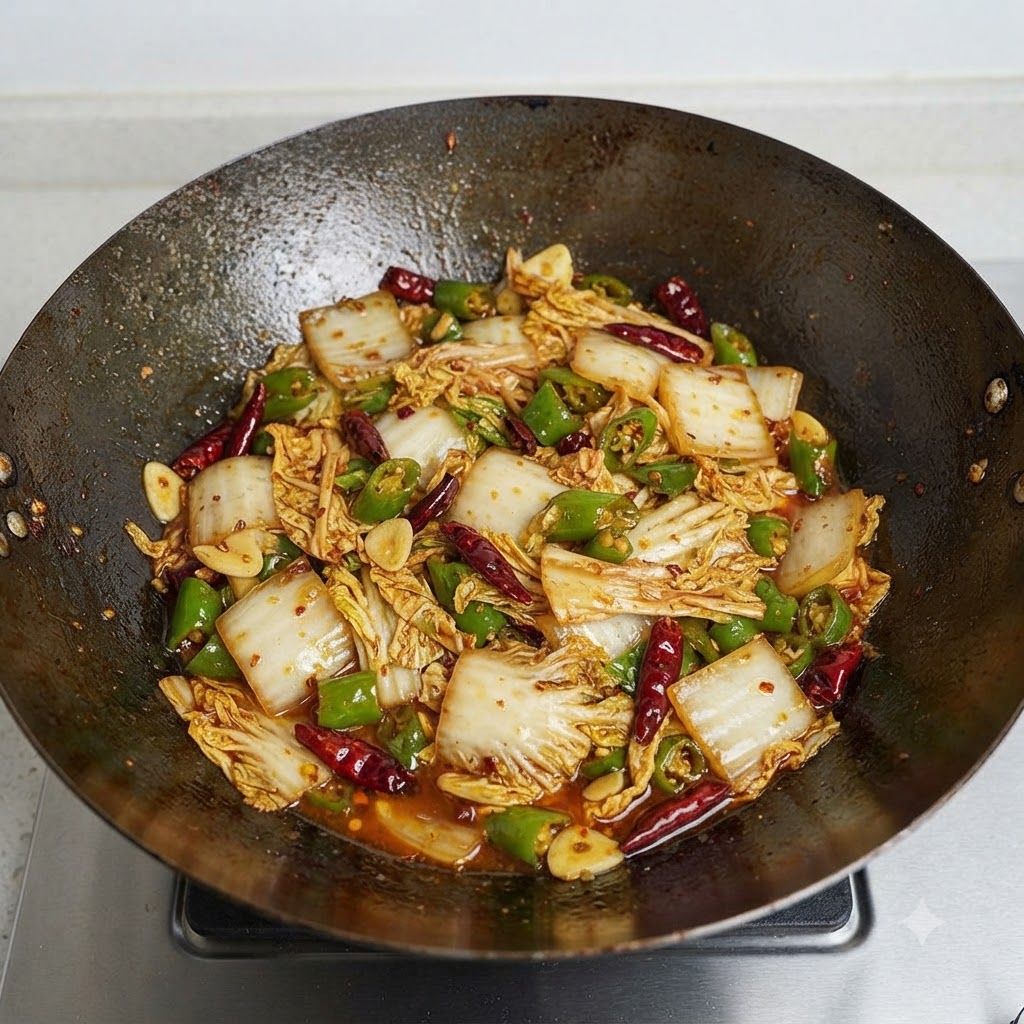 Gekochte scharfe Chinakohlmischung mit sichtbaren Säften und Öl im Wok.