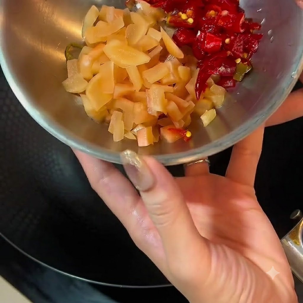 Eine Metallschüssel gefüllt mit gehacktem eingelegtem Rettich und roten Chilis, platziert über einem Wok.