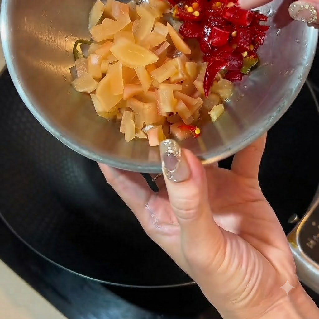 Eingelegter Rettich und rote Chilis in einem Wok mit einem Strahl Austernsauce, die aus einer Flasche gegossen wird.