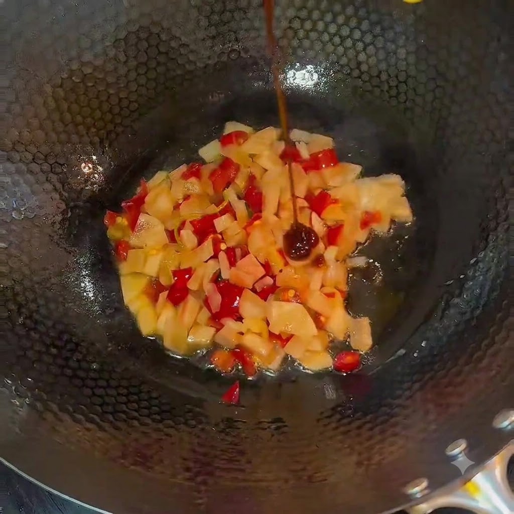 Würzungen werden in einen Wok mit gehackten Gurken gegossen und gründlich umgerührt.