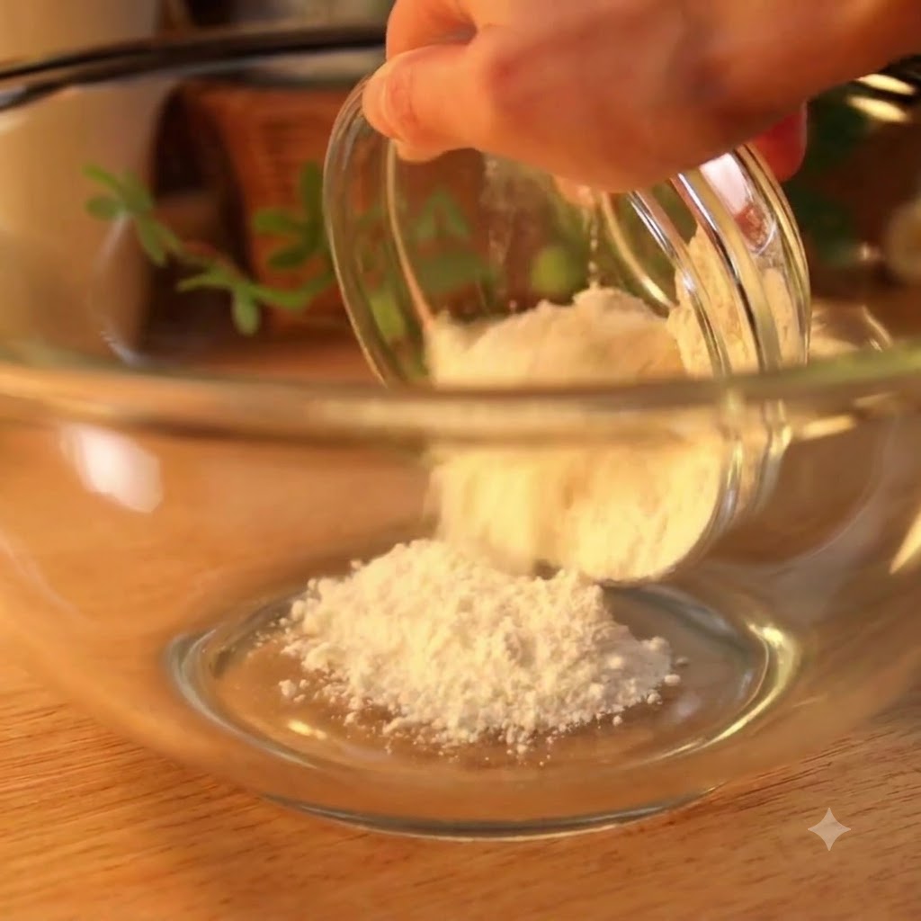 Wasser wird aus einer kleinen Schüssel zu weißem Kuchenmehl in einer größeren Glasschüssel gegossen.