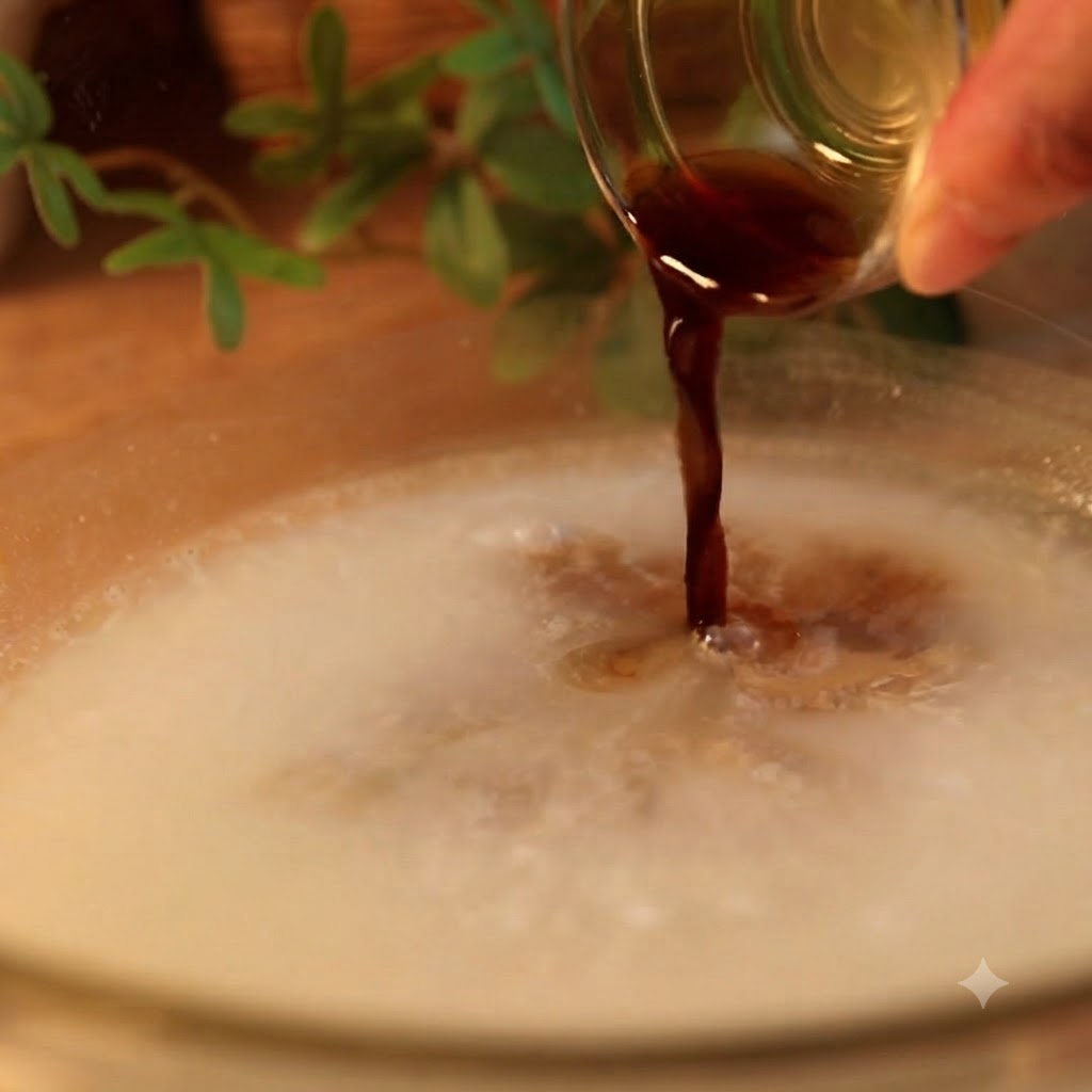 Dunkle Soja- und Worcestersauce werden in eine Schüssel mit flüssigem Teig gegossen.