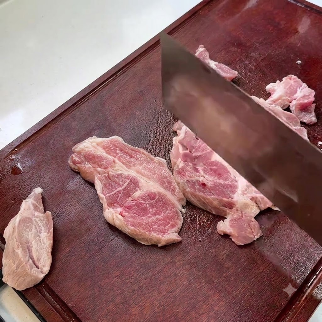Schweineschulter-Scheiben werden auf einem Holzschneidebrett mit dem Messerrücken geklopft.