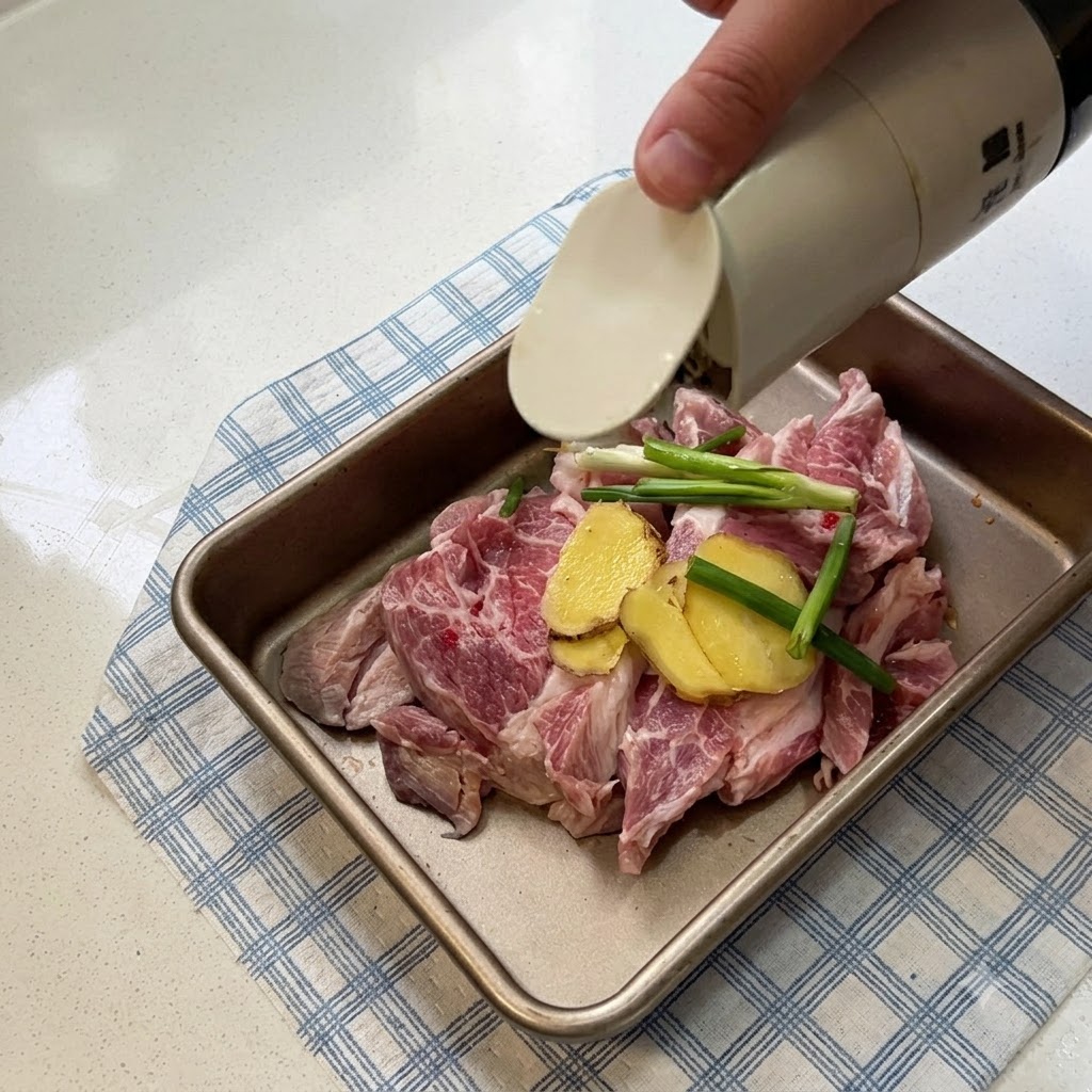 Schweinefleischscheiben in einer Schale mit Ingwerscheiben und Frühlingszwiebeln, während Sojasauce darüber gegossen wird.