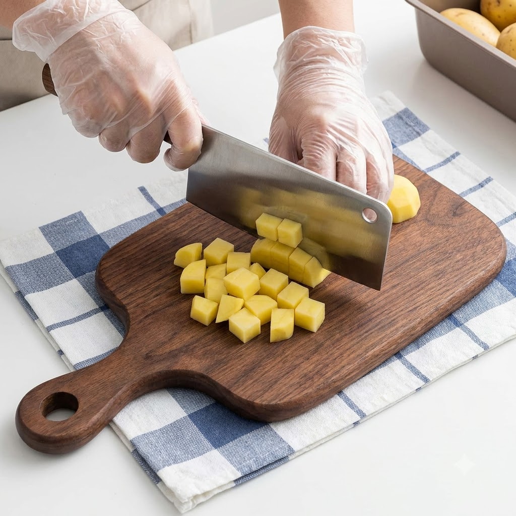 Kartoffeln werden auf einem Holzschneidebrett mit einem schweren Beil in kleine Würfel geschnitten.