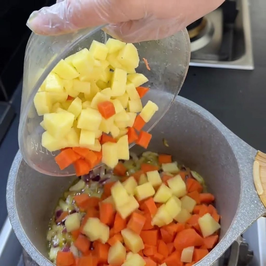 Gewürfelte Karotten und Kartoffeln rutschen aus einer klaren Schüssel in den Kochtopf.