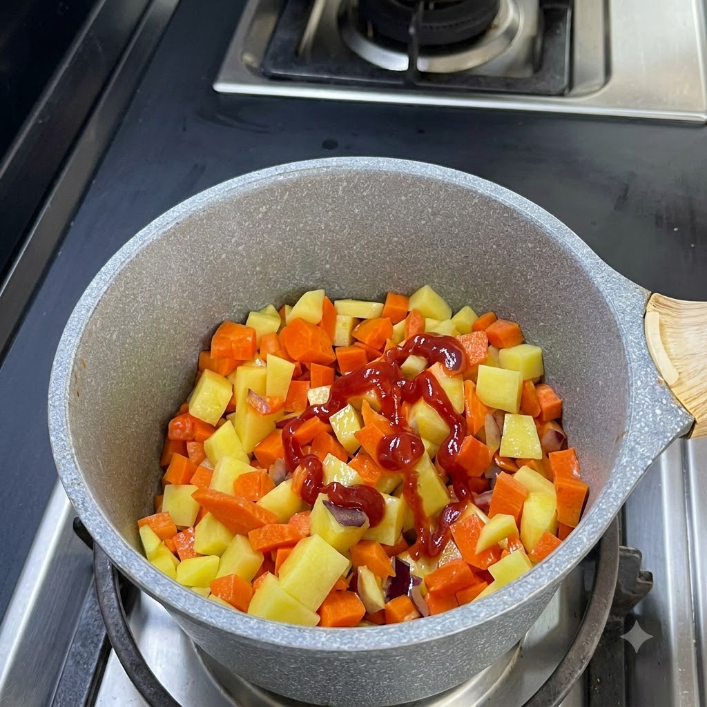 Ketchup wird in einem Zickzack-Muster über die Mischung aus gewürfelten Karotten und Kartoffeln im Topf gedrückt.