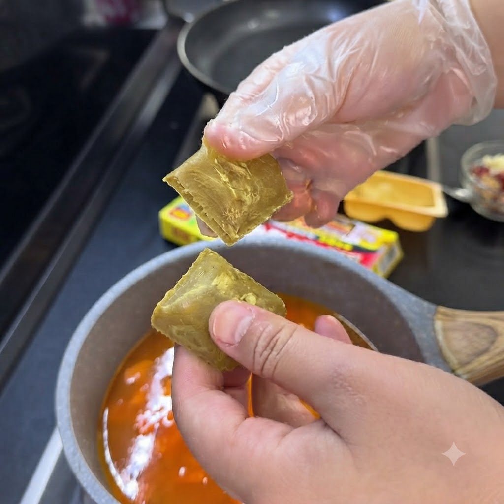 Zwei Currywürfel werden in einen köchelnden Topf mit Gemüse und Brühe geworfen.