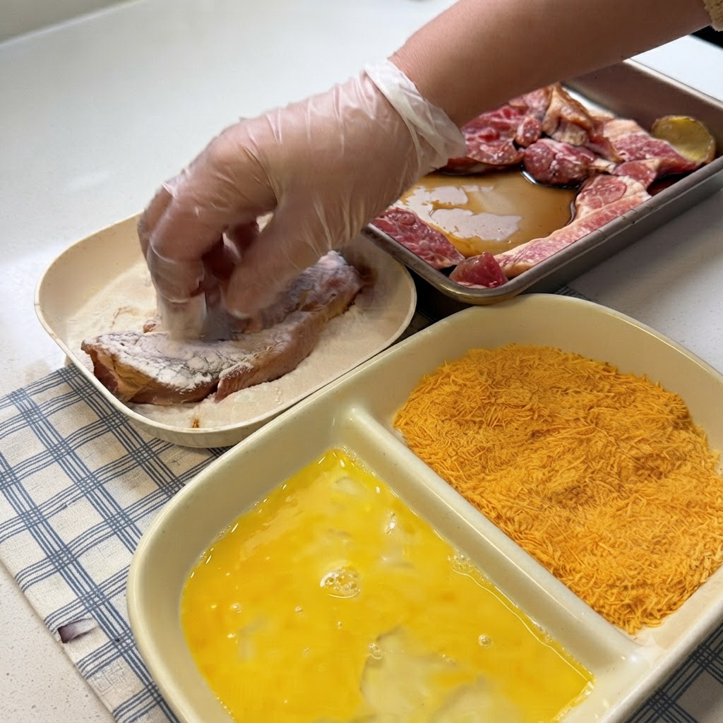 Eine be Handschuhhand beschichtet ein Schweinestück in Mehl neben Schüsseln mit Eiwäsche und Paniermehl.