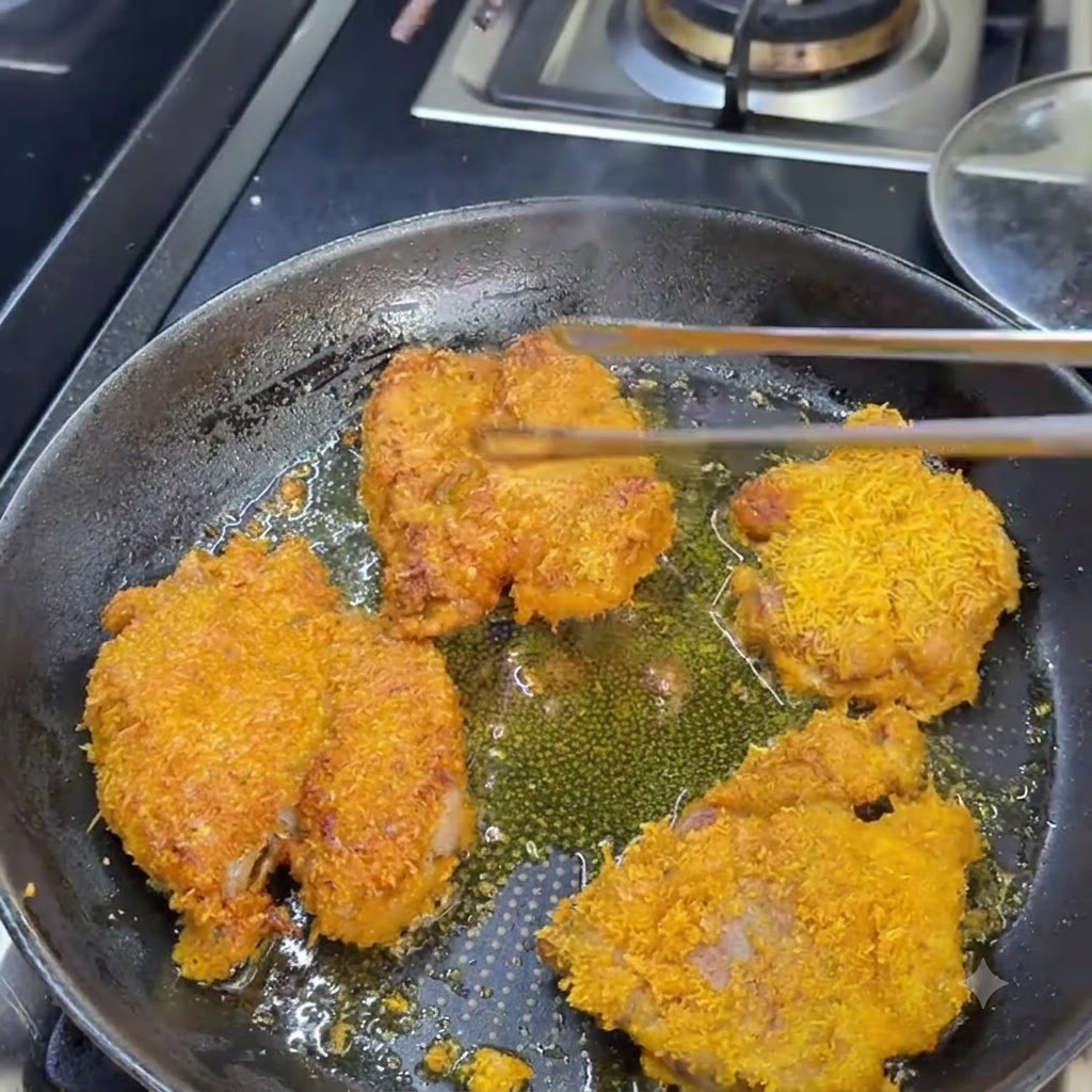 Gefrier- oder Brat-Schweineschnitzel in einer Pfanne werden mit Stäbchen auf Garstufe getestet.