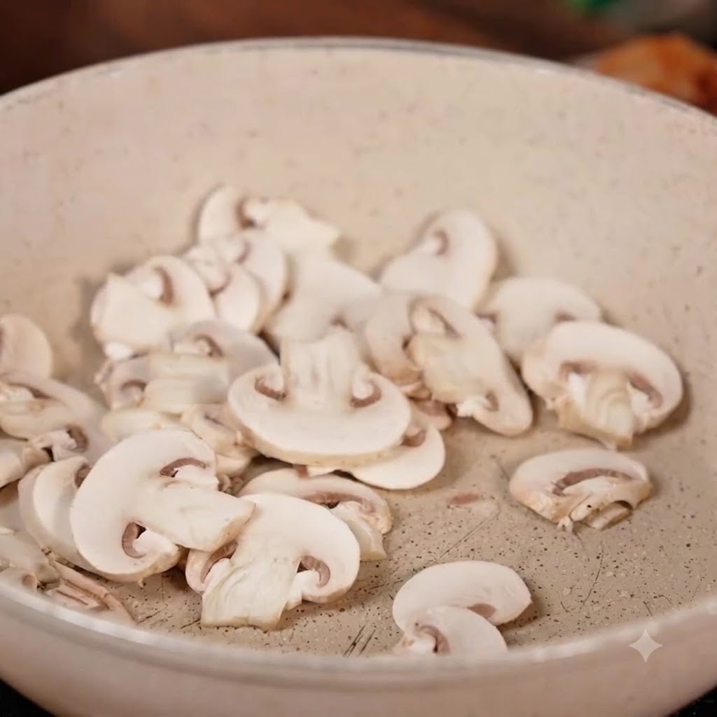 Pilze werden in eine Pfanne mit Schweinebauch und Kimchi gegeben.