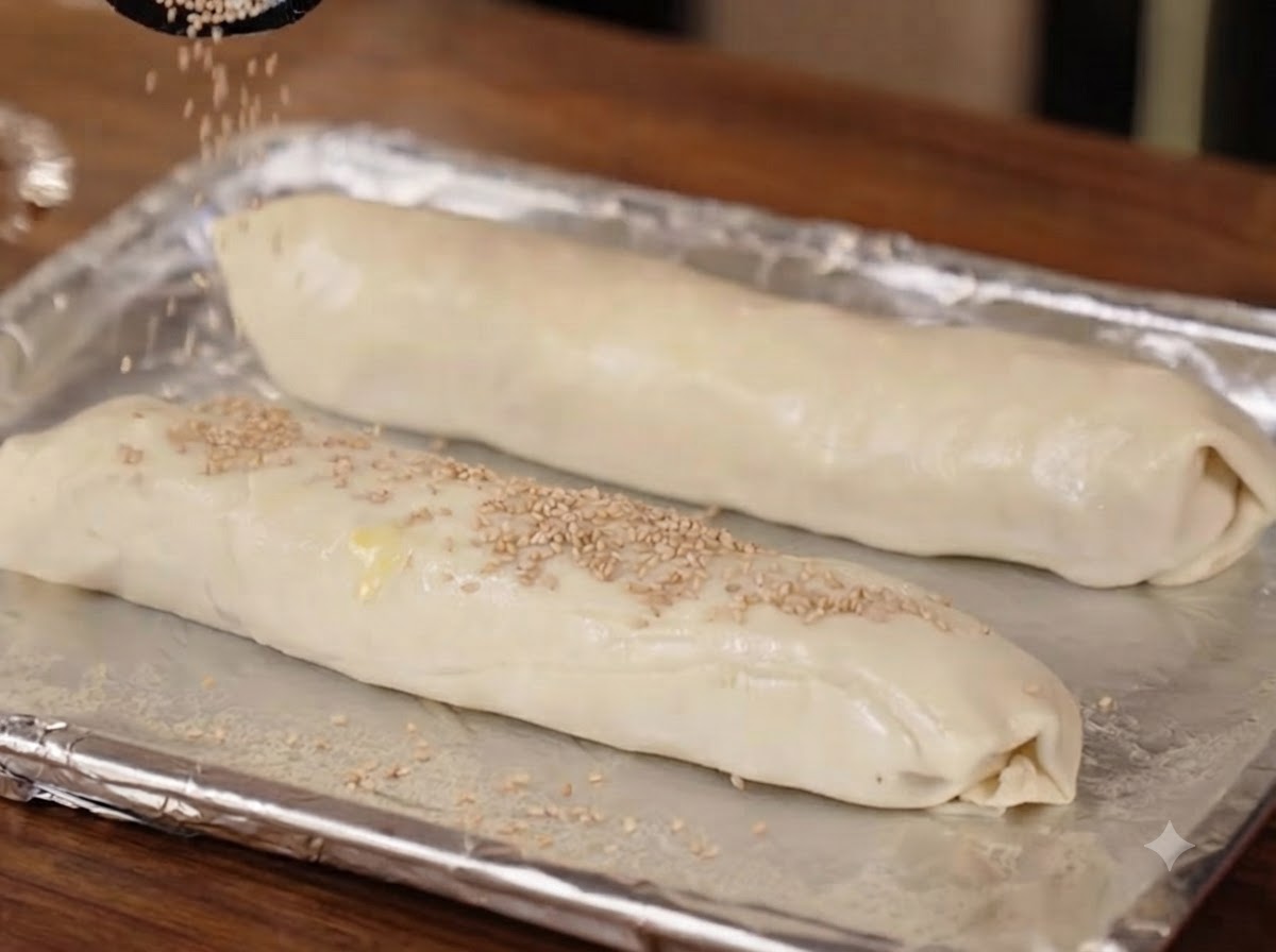 Zwei Teigrollen auf einem Backblech werden mit Sesam bestreut.