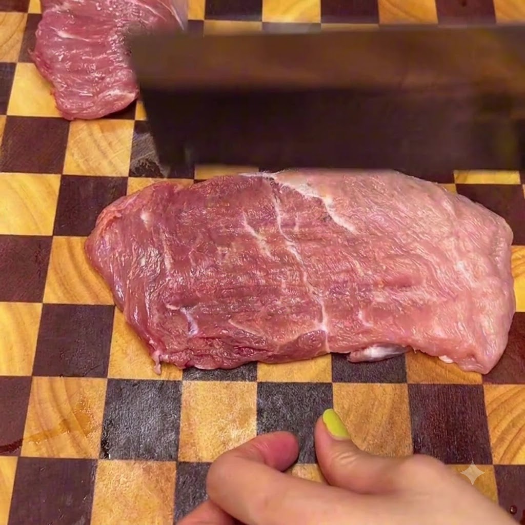 Schweineschnitzel in einer Rührschüssel aus Metall mit frischen Ingwerscheiben vor dem Marinieren.