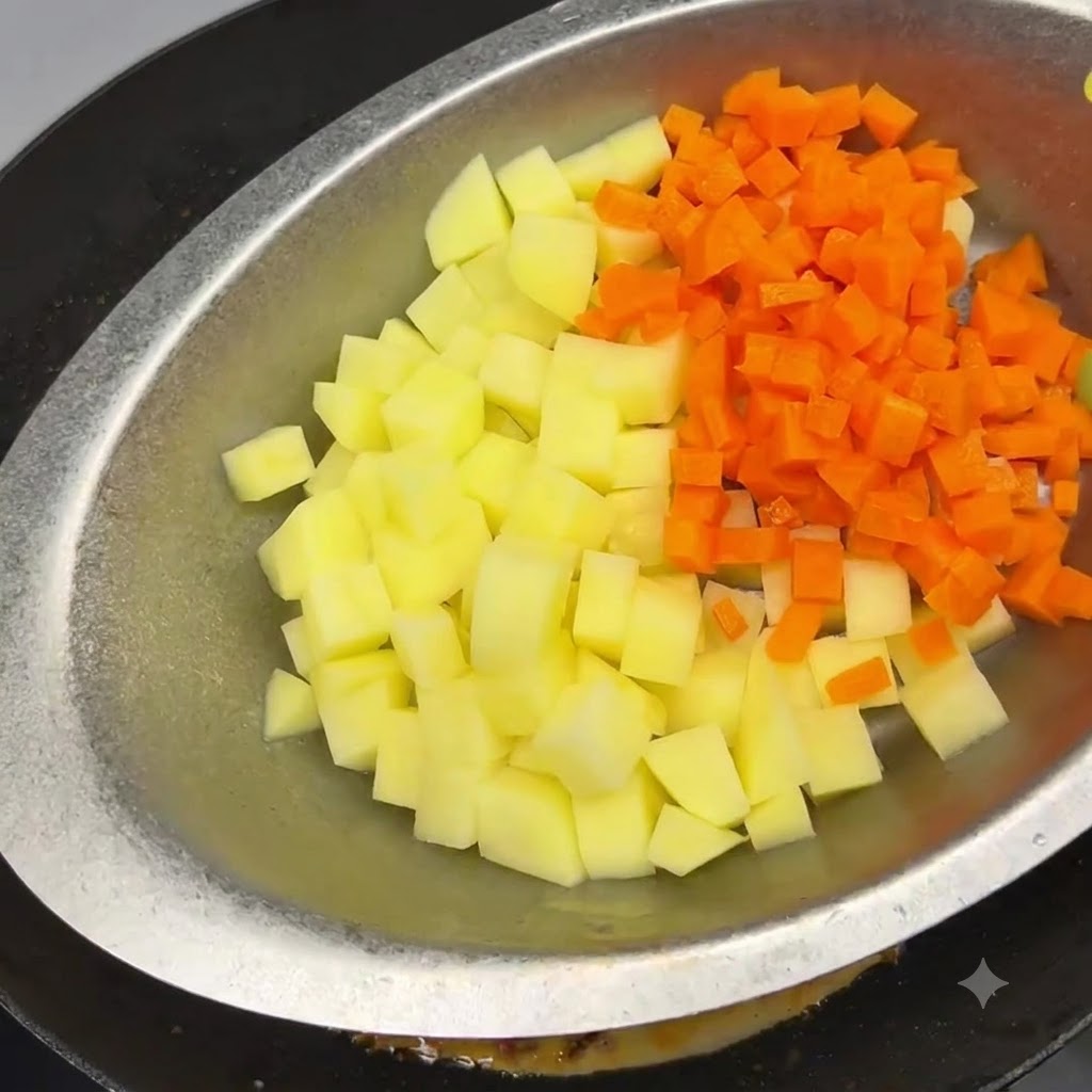 Schüssel mit frisch geschnittenen, gewürfelten Kartoffeln und Karotten wird in die Kochpfanne geschüttet.
