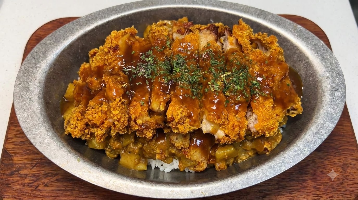 Ein ovaler Metallteller gefüllt mit Curryreis, bekrönt von einem knusprig aufgeschnittenen Schweineschnitzel, beträufelt mit brauner Soße und garniert mit Petersilie.