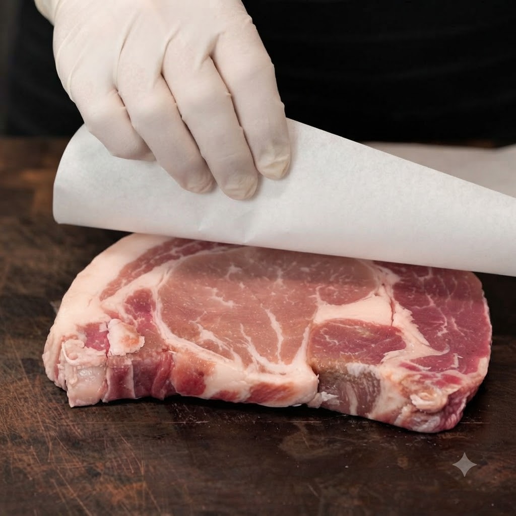 Eine Hand mit Handschuh reibt Meersalz und schwarzen Pfeffer auf ein rohes Ribeye-Steak auf einem Holzschneidebrett.