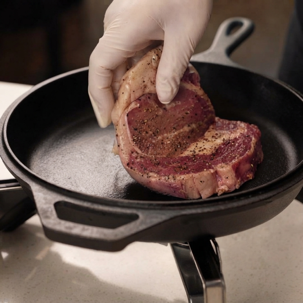 Ein gewürztes Ribeye-Steak wird in eine heiße gusseiserne Pfanne gelegt.