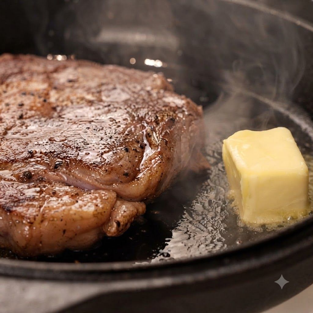 Ein Stück Butter, geschälte Knoblauchzehen und ein frischer Rosmarinzweig brutzeln neben einem Steak in einer Pfanne.