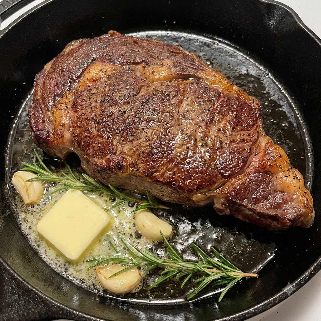 Barbecue-Sauce wird aus einer Flasche über ein angebratenes Steak in einer brutzelnden gusseisernen Pfanne gegossen.