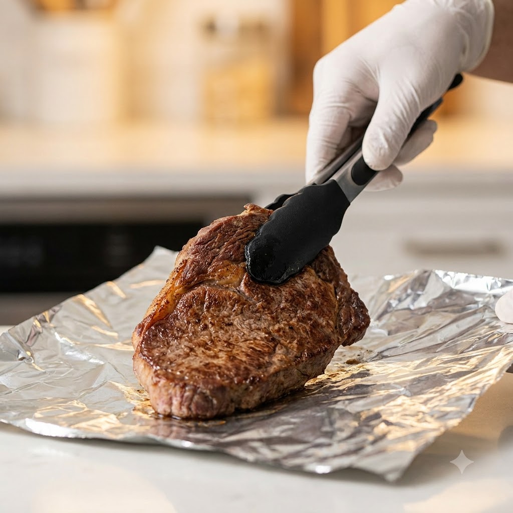 Ein gebratenes Ribeye-Steak wird mit einer Zange auf Aluminiumfolie gehoben.