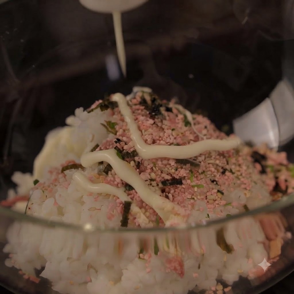 Mayonnaise wird in Zick-Zack-Bewegungen über den gewürzten Reis in einer Glasschüssel gegeben.