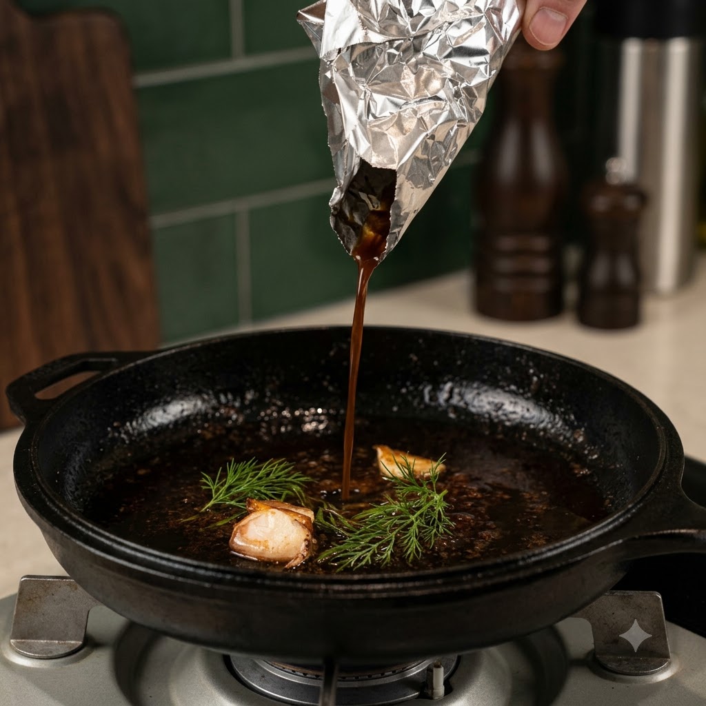 Säfte und Sauce werden von einem Stück Aluminiumfolie in eine heiße schwarze gusseiserne Pfanne gegossen.