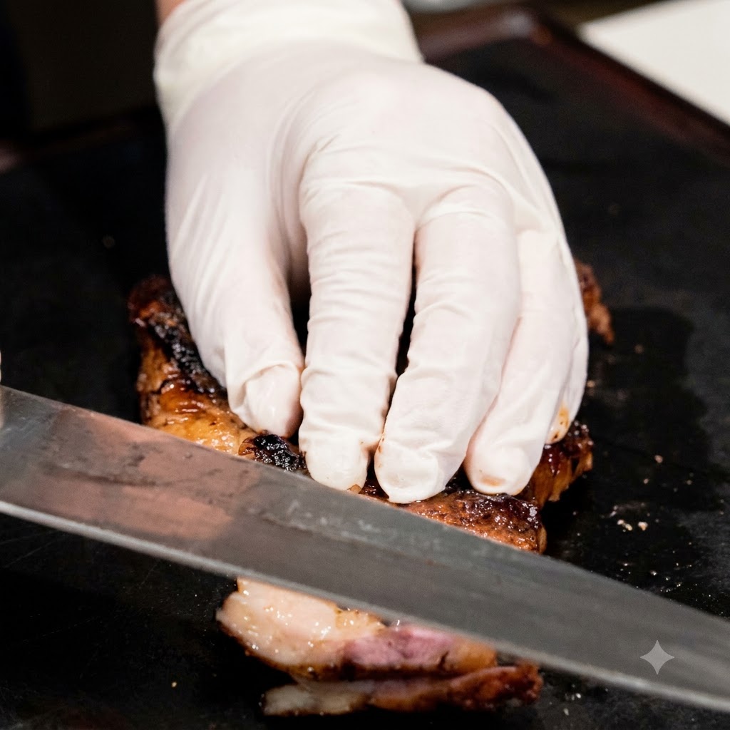 Eine Hand mit Handschuh hält ein gebratenes Steak fest, während es mit einem scharfen Kochmesser auf einem dunklen Brett in Scheiben geschnitten wird.