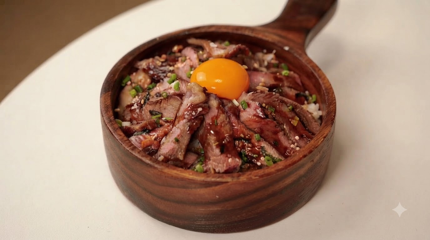 Eine rustikale Holzschale gefüllt mit japanischem Steak-Donburi, gekrönt von einem leuchtenden rohen Eigelb und frischen Frühlingszwiebeln.