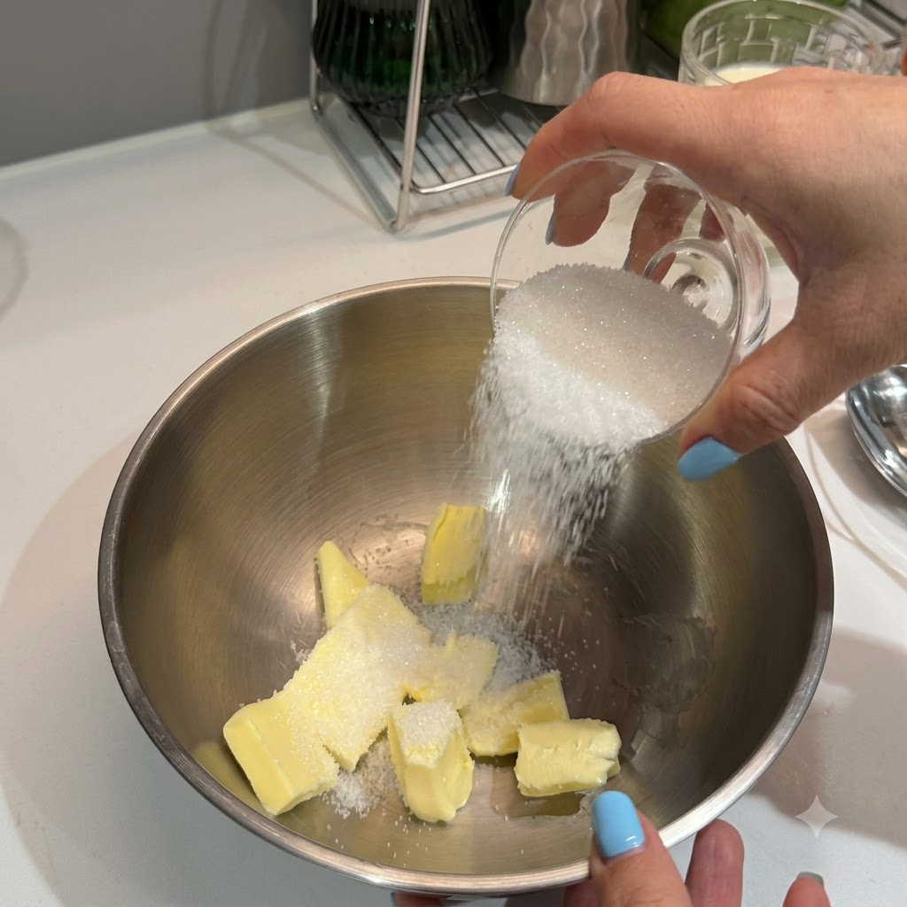 Zucker wird in eine Rührschüssel mit weichen Butterstücken gegeben.