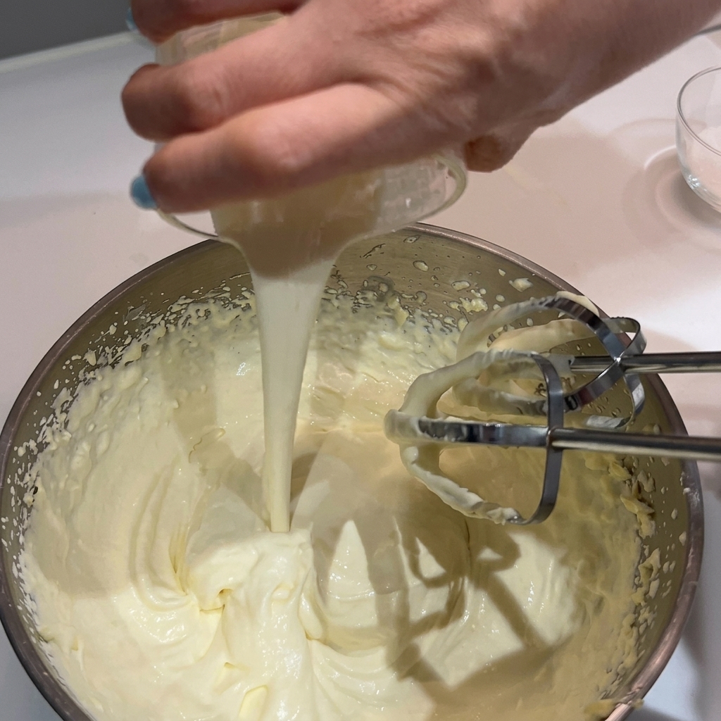 Zugabe von weiterer Sahne in eine Schüssel mit geschlagener Sahne und Butter.