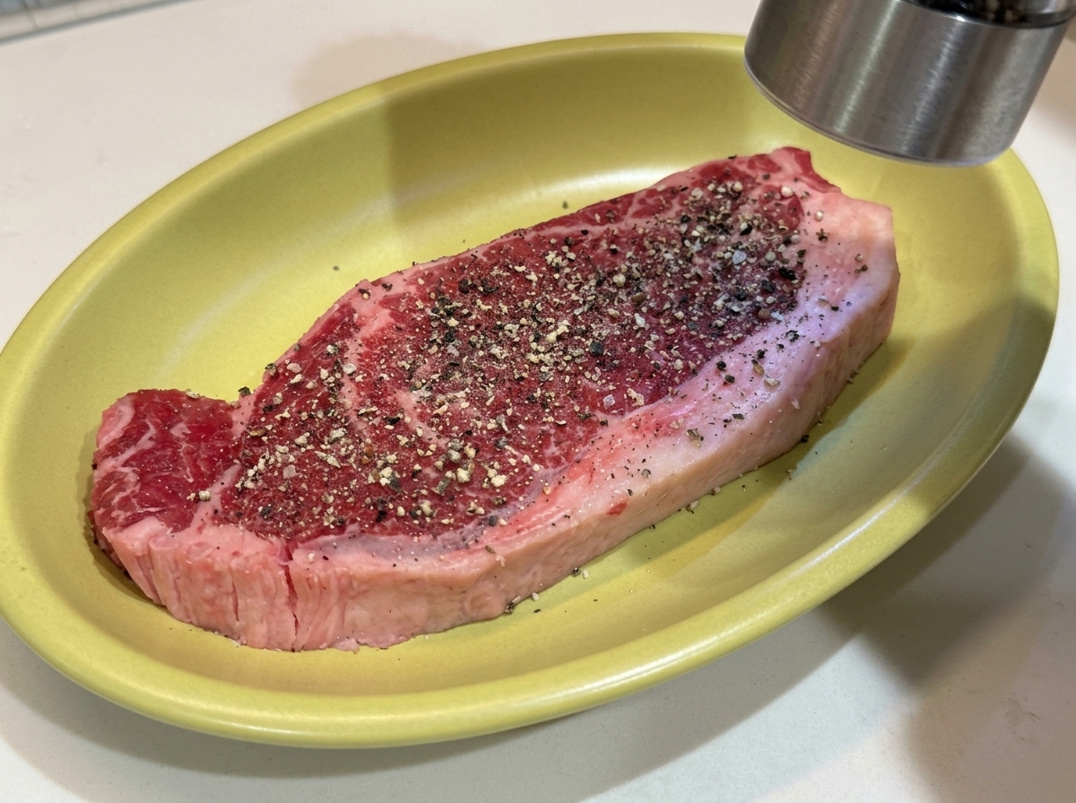Ein rohes, dickes Steak auf einem gelben Teller mit frisch gemahlenem schwarzem Pfeffer gewürzt.