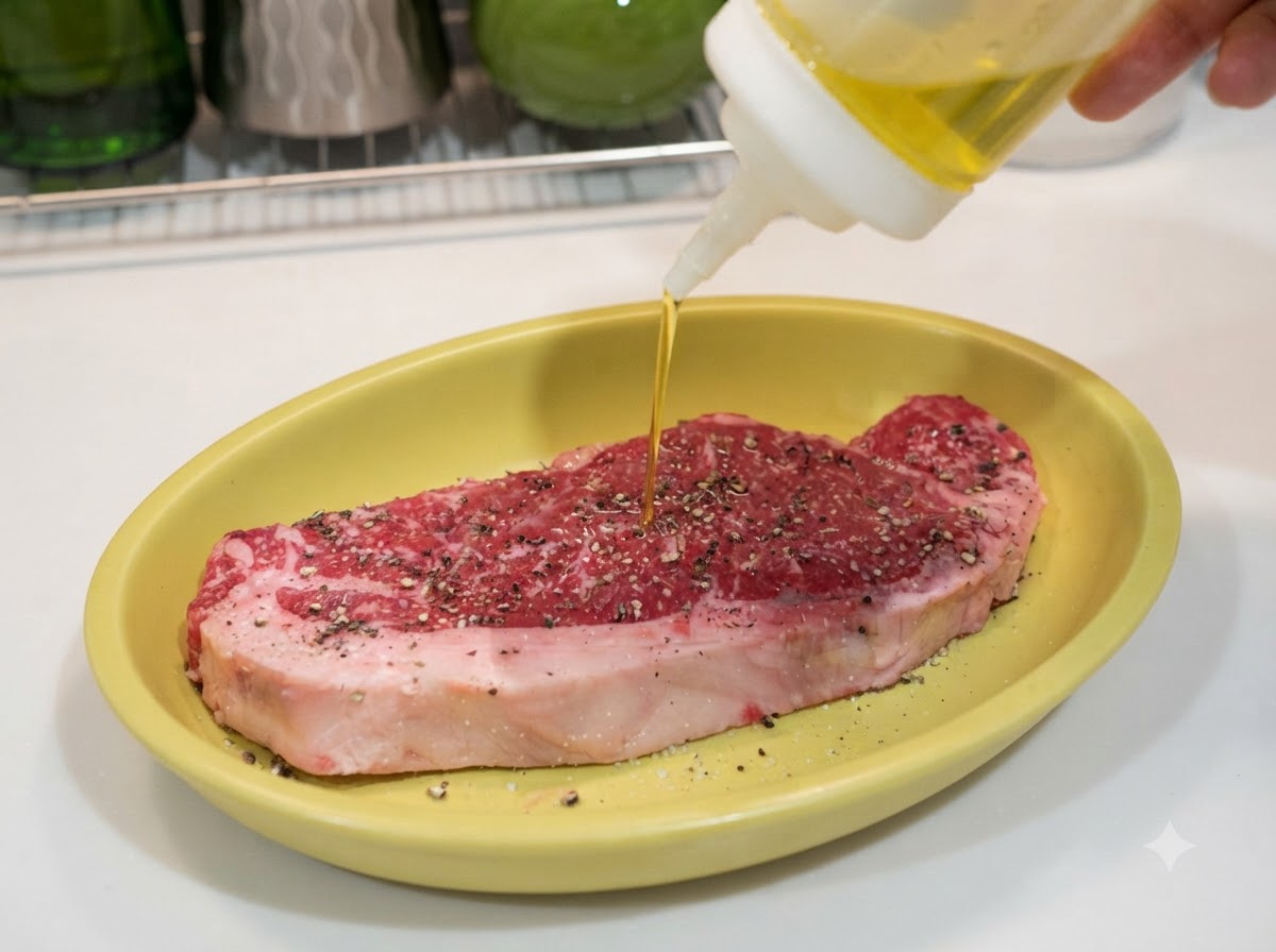 Olivenöl wird über ein gewürztes rohes Steak auf einem gelben Teller geträufelt.