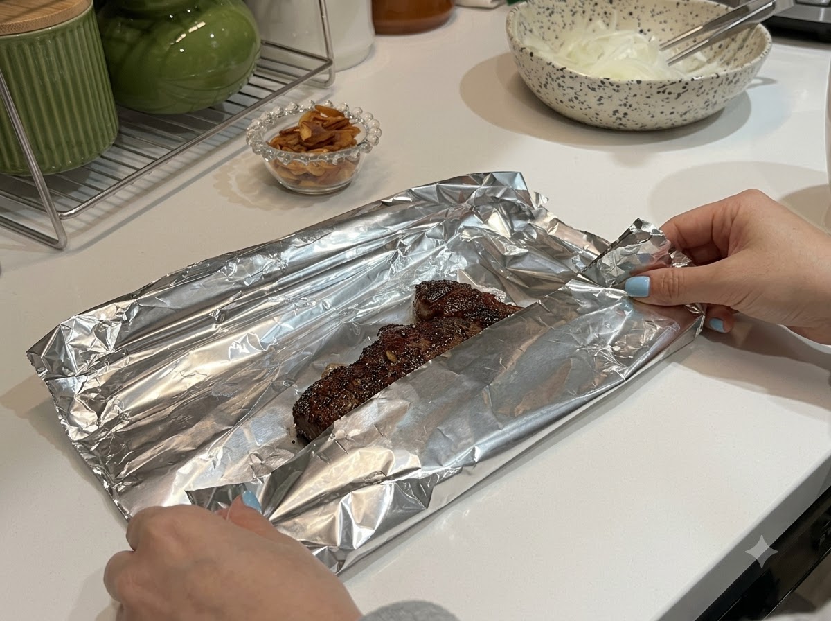 Ein angebratenes Steak wird in Aluminiumfolie auf einer Arbeitsplatte eingewickelt.
