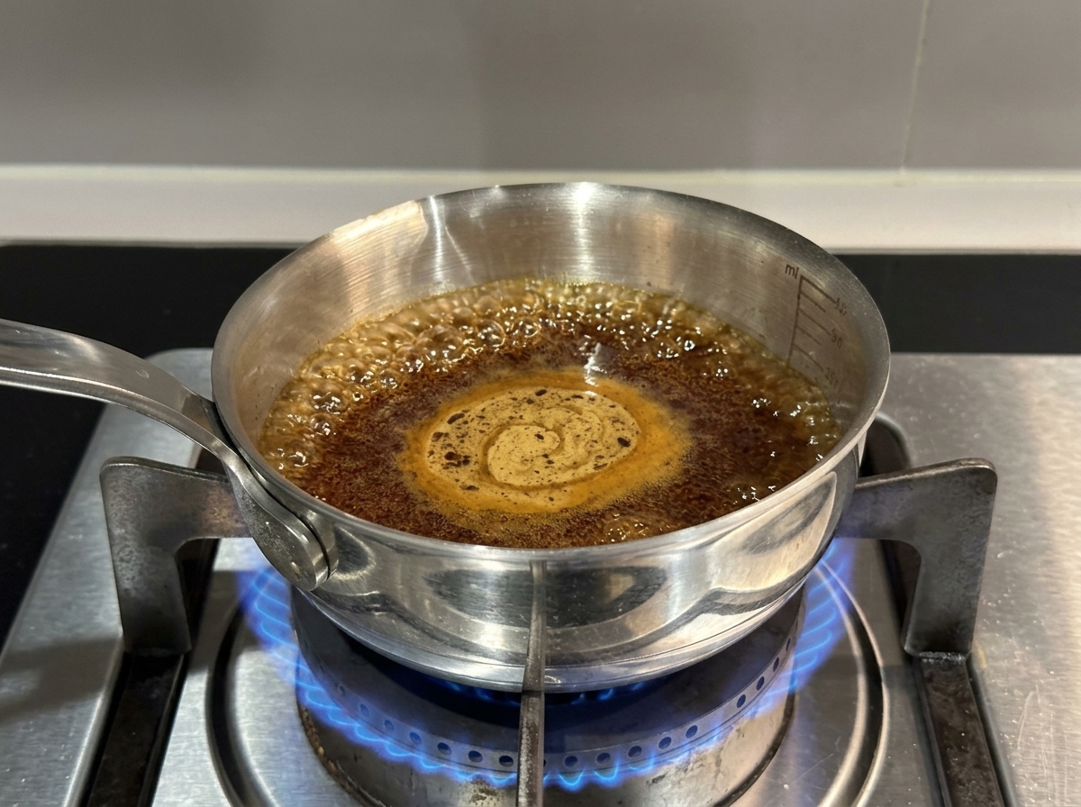 Teriyakisauce kocht und verdickt sich in einem kleinen Topf.