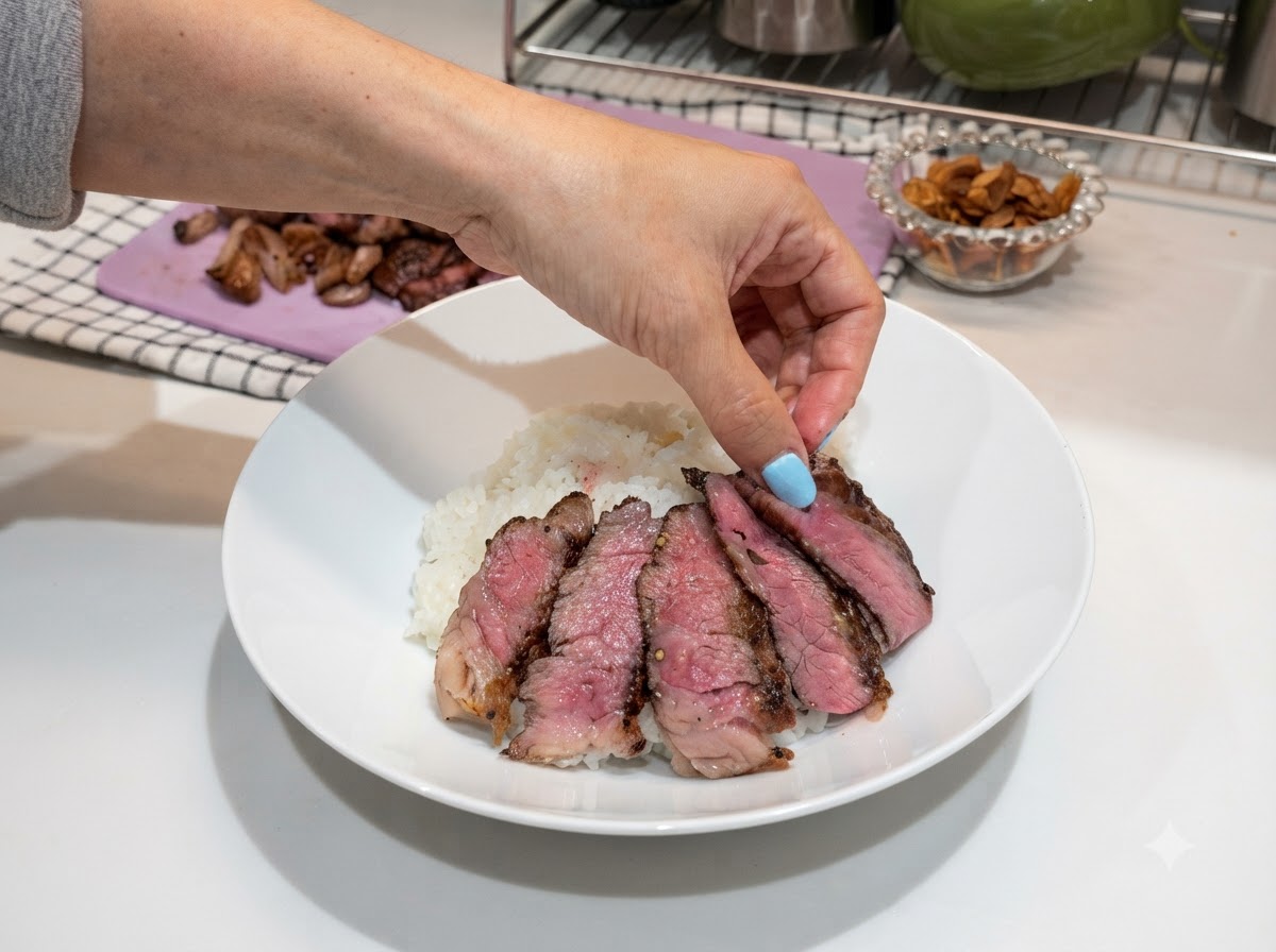 Aufgeschnittenes Steak ordentlich über weißem Reis in einer Schüssel angeordnet.