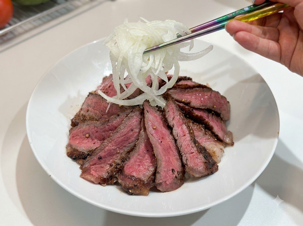 Zwiebeln werden mit Stäbchen auf die Steak-Reis-Schüssel gegeben.