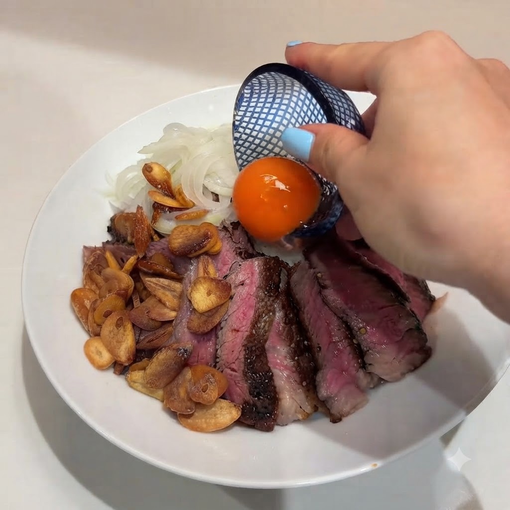 Ein rohes Eigelb wird in die Mitte einer Steak-Reis-Schüssel gegossen.