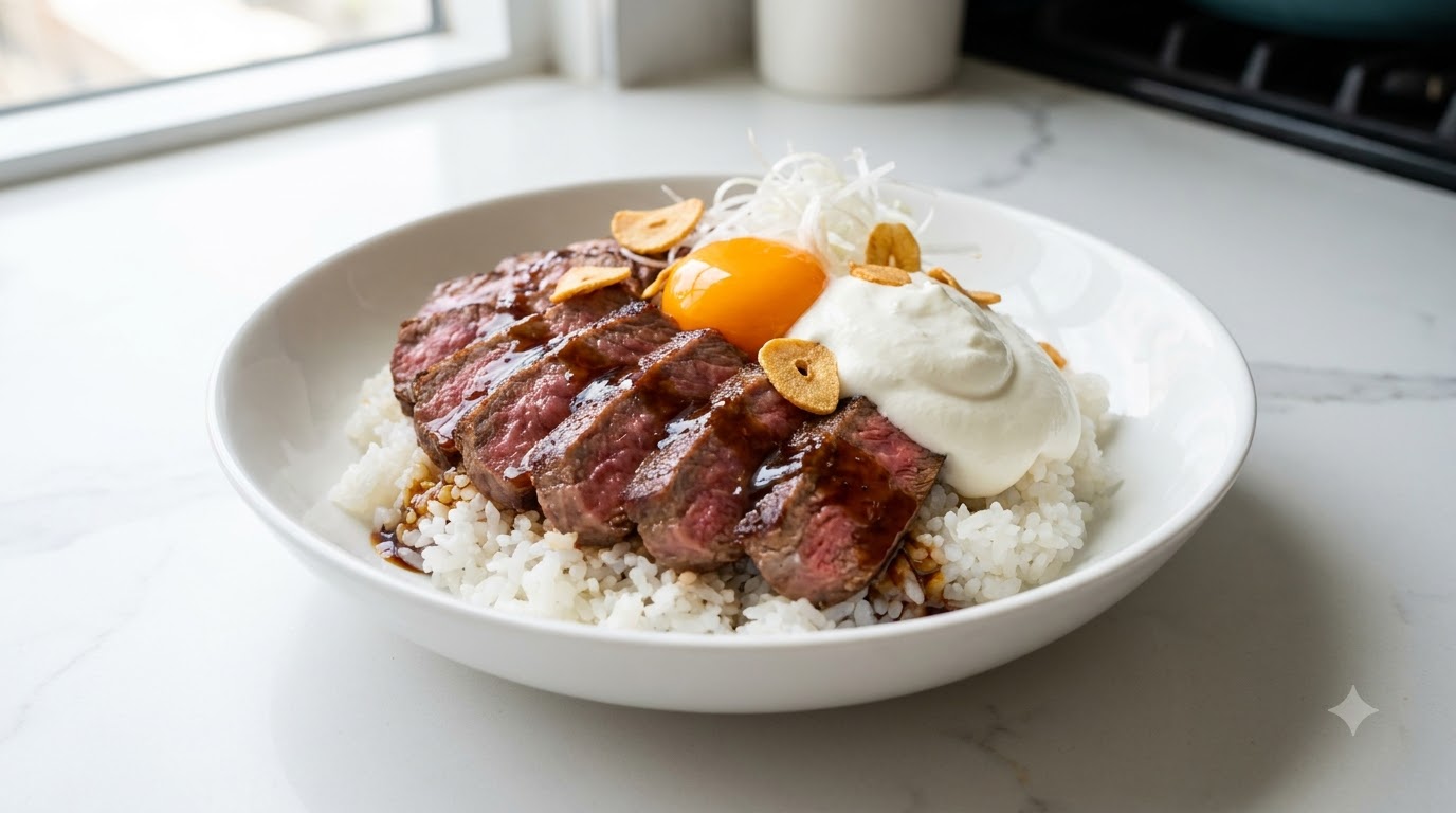 Shibuya Steak-Reis-Schüssel mit Schlagsahne und Teriyakisauce