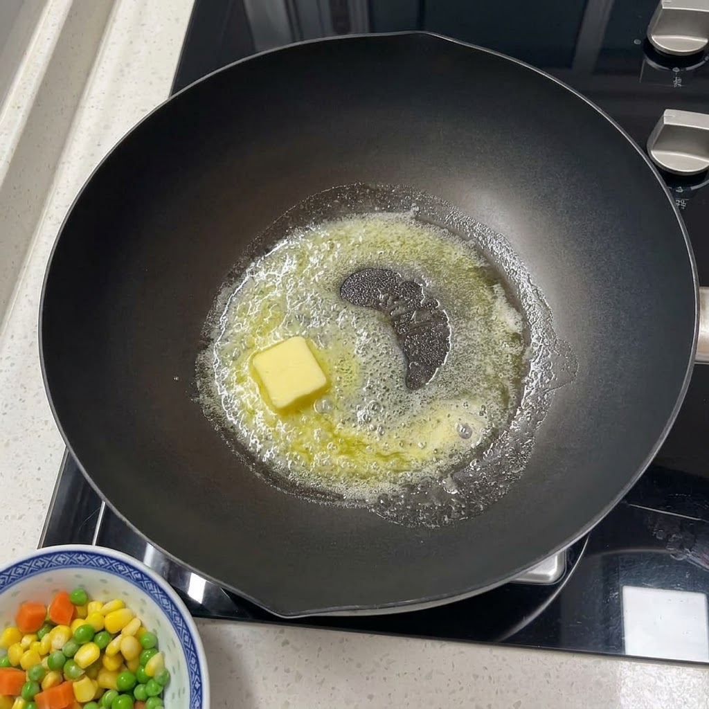 Butter schmilzt in einer heißen Pfanne und wird mit einem Holzspatel verteilt.