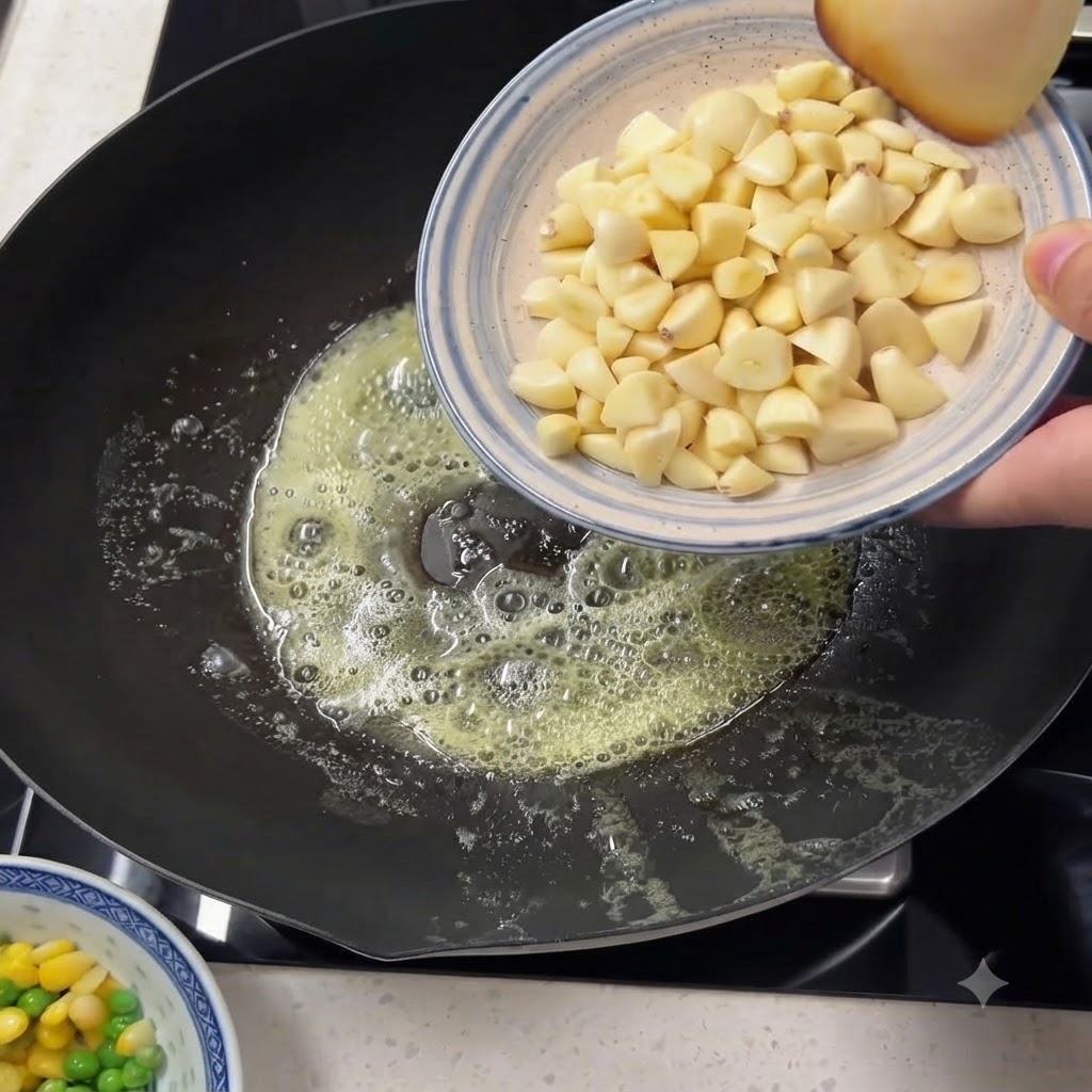 Gehackte Knoblauchzehen werden aus einer kleinen Schüssel in die geschmolzene Butter in einer Pfanne gegeben.
